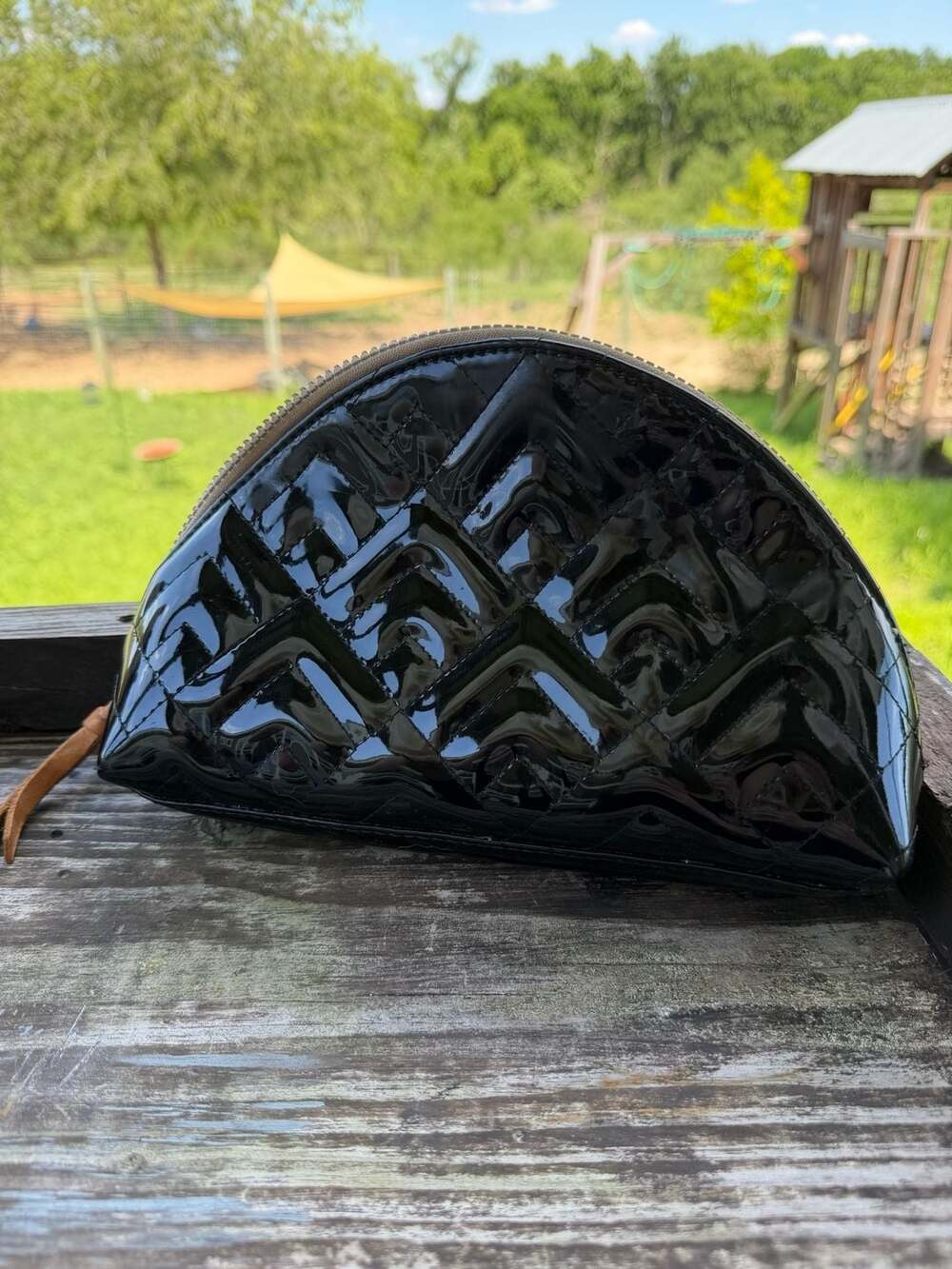 Consuela Black Quilted Patent Large Cosmetic Bag with Blue Glitter Interior - Picture 2 of 7